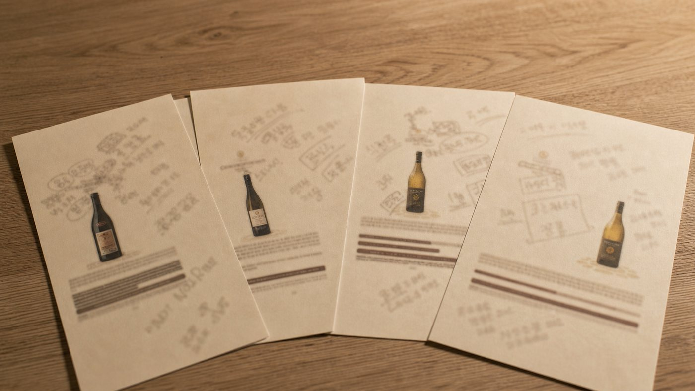 Soft water-diffused image of handwritten notes from my first wine gathering